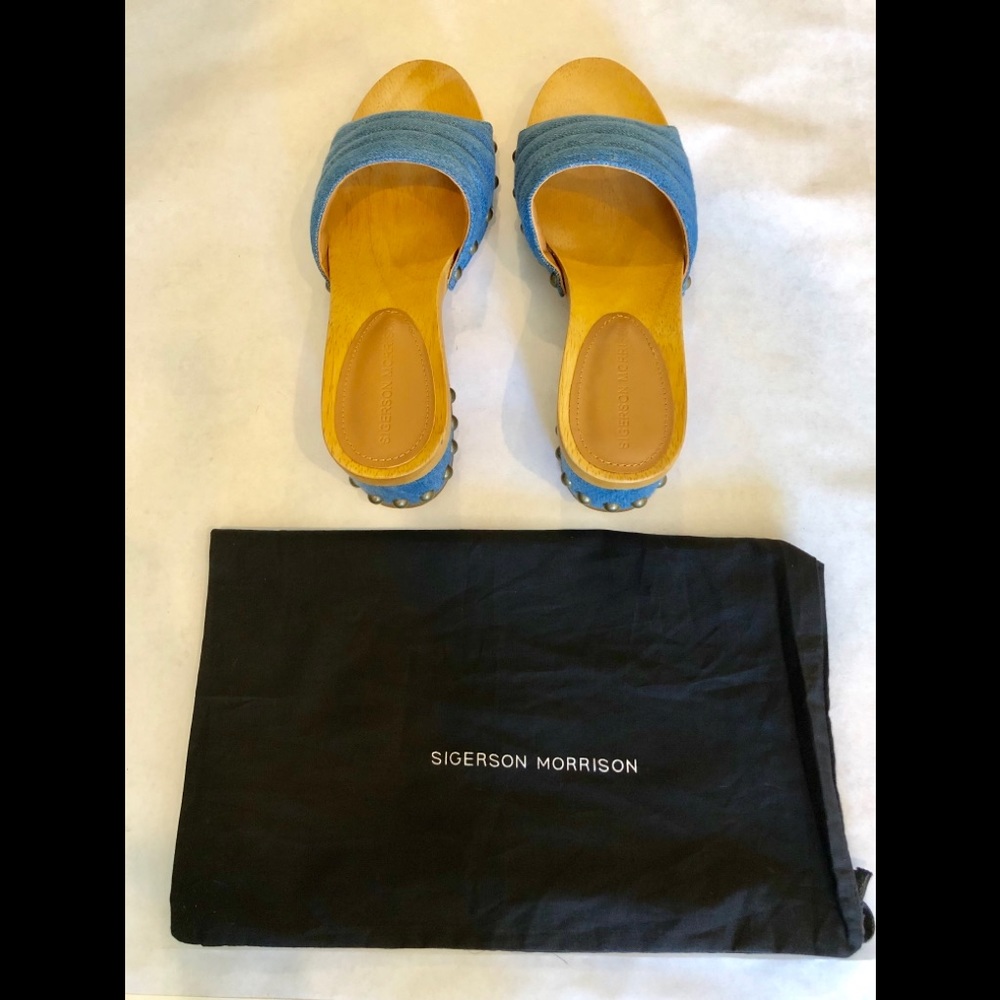 Sigerson Morrison Denim Wood Sandals Sz7.5 NEW⚡️ - Picture 6 of 6